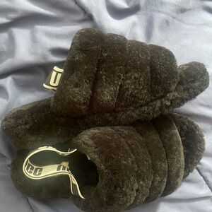 UGG Black Plush Slide Slippers with Branded Heel Strap